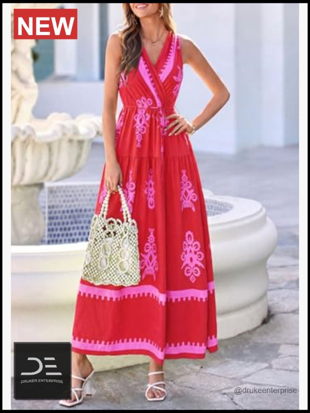 Boho V-Neck Maxi Dress with Belt and Pockets - Picture 2 of 7